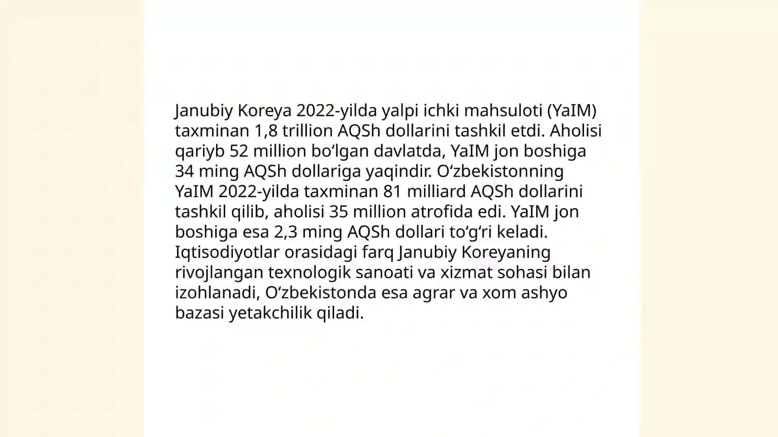 Janubiy Koreyaning moliyaviy tizimi va makroiqtisodiy koʻrsatkichlarini Oʻzbekiston BN taqqoslash 3