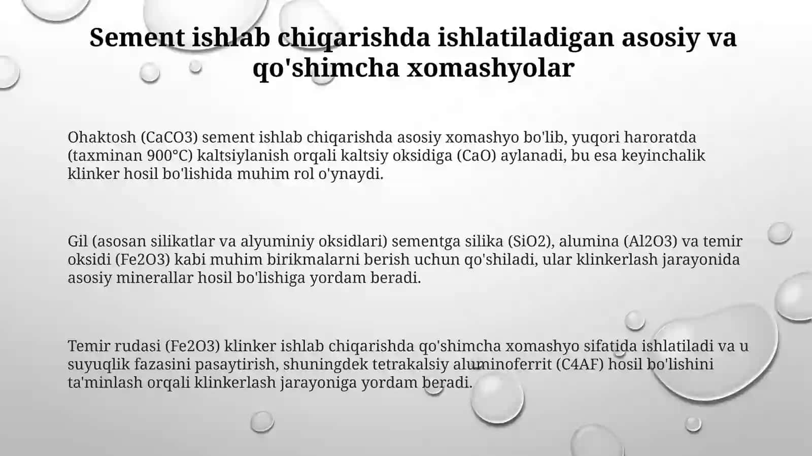 Sement ishlab chiqarishda ishlatiladigan kimyoviy birikmalar 3