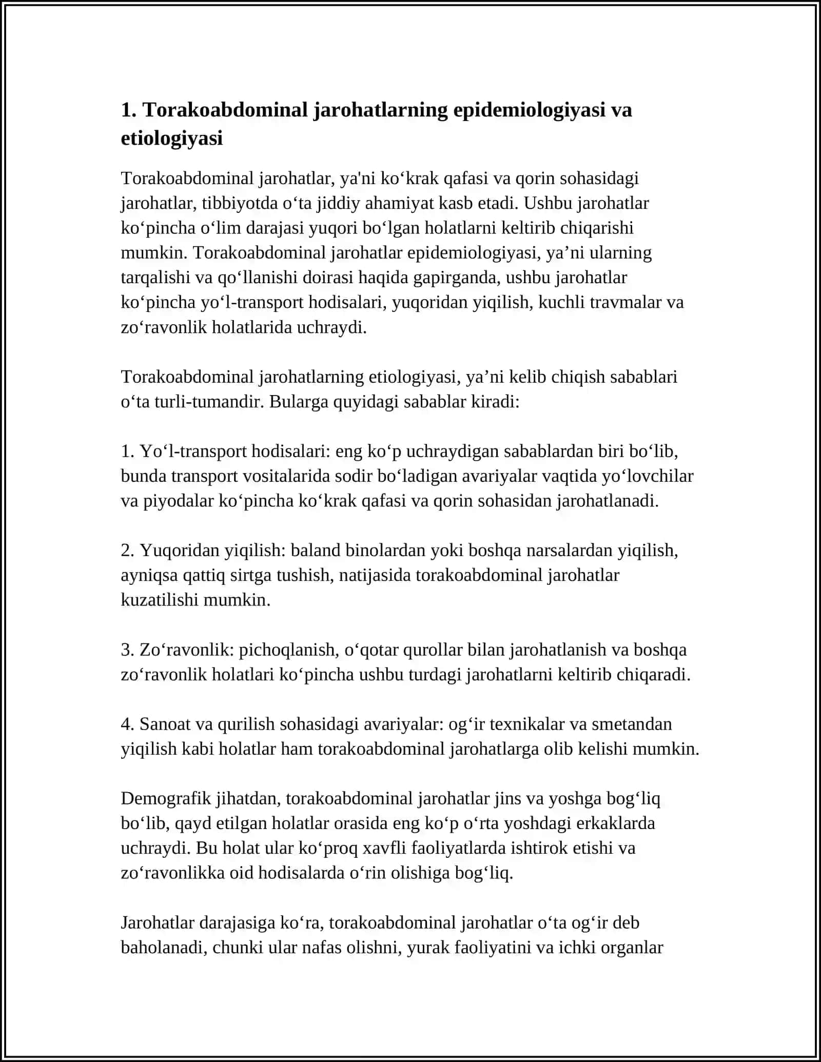 TORAKOABDOMINAL JAROHATLAR, KLINIK MANZARASI, TASHXISLASH, BOSQICHMA BOSQICH DAVOLASH 3