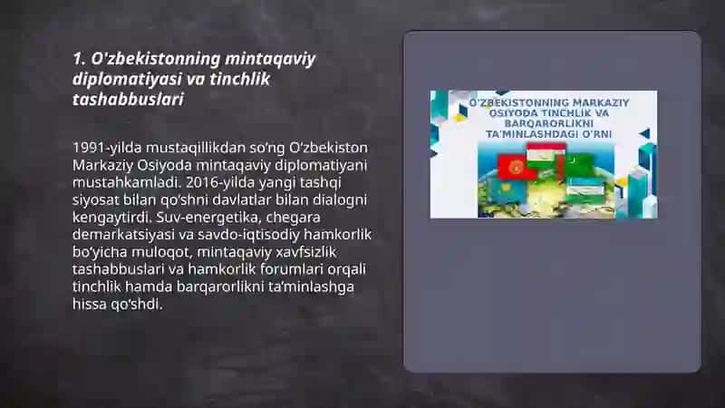 O'zbekiston Markaziy Osiyoda tinchlik va barqarorlikni ta'minlashdagi o'rni 3