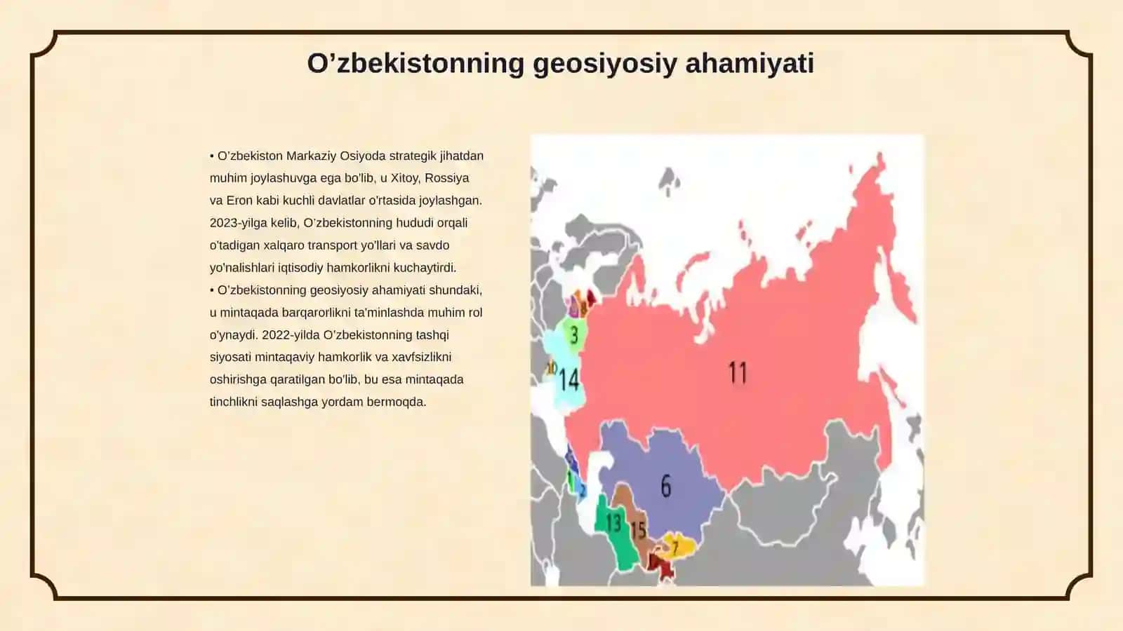 O’zbekistonning Markaziy Osiyoda tinchlik va barqarorlikni ta’minlashdagi o’rni 3