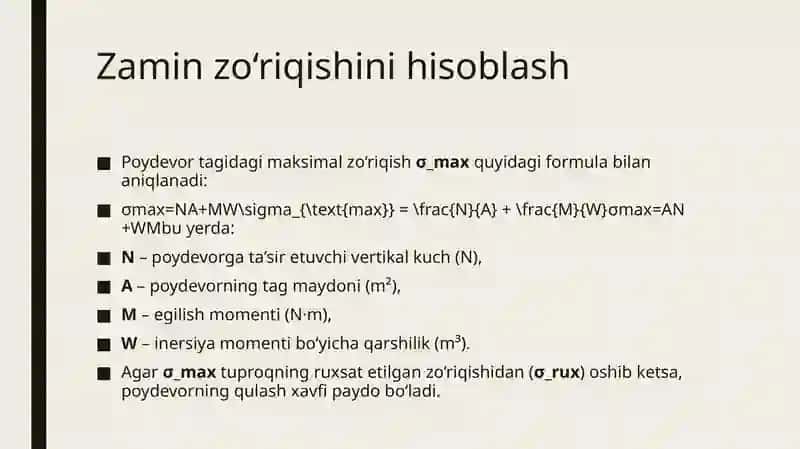 Zaminning eng yuqori zo‘rikishiga oid shakl o‘zgarishi bo‘yicha  poydevor hisobi 3