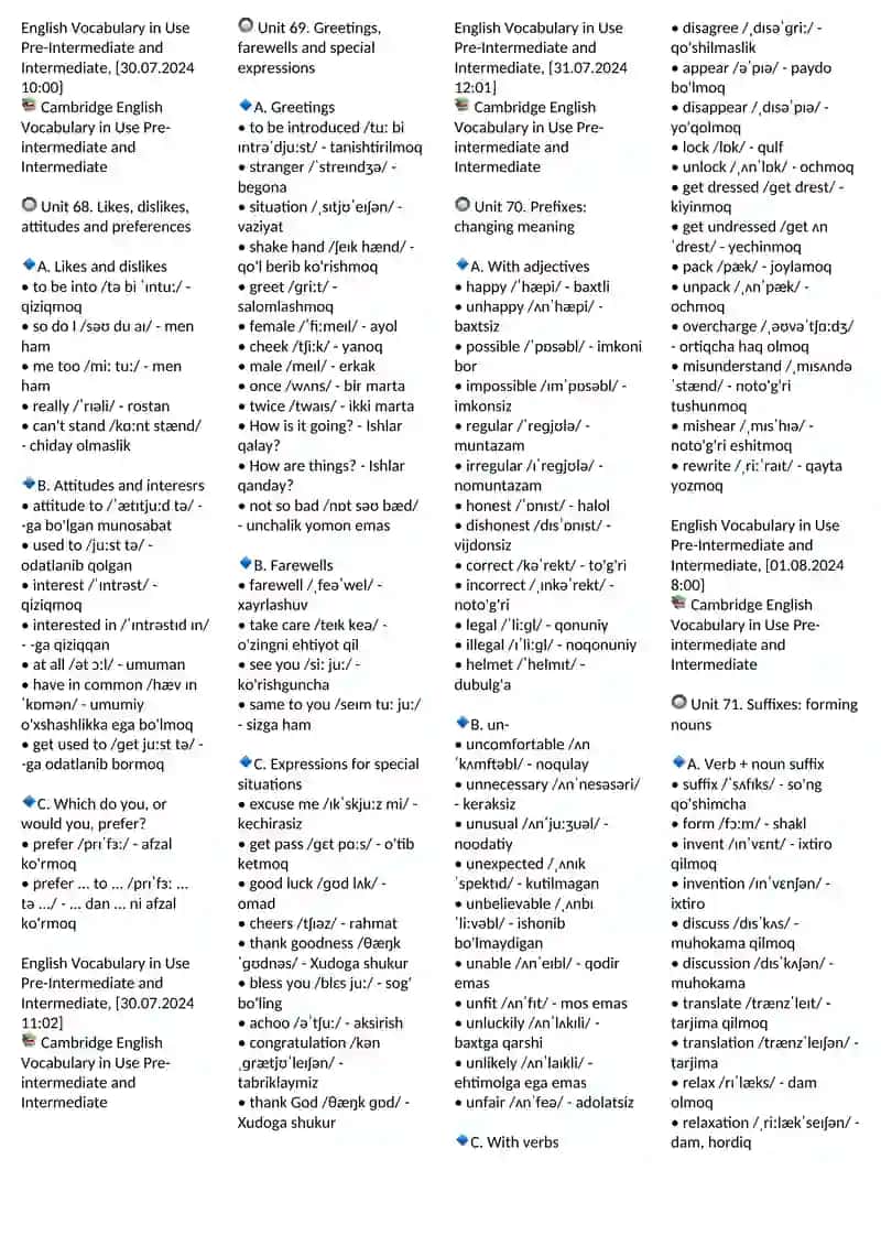 PRE INTERMEDIATE VOCABULARY 61-100 UNITS 3