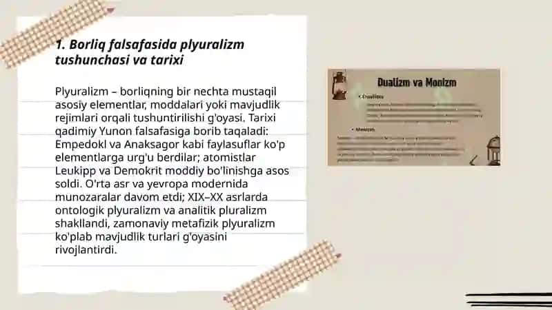 Borliq falsafasi (Plyuralizm,Dualizm,Monizm) 3