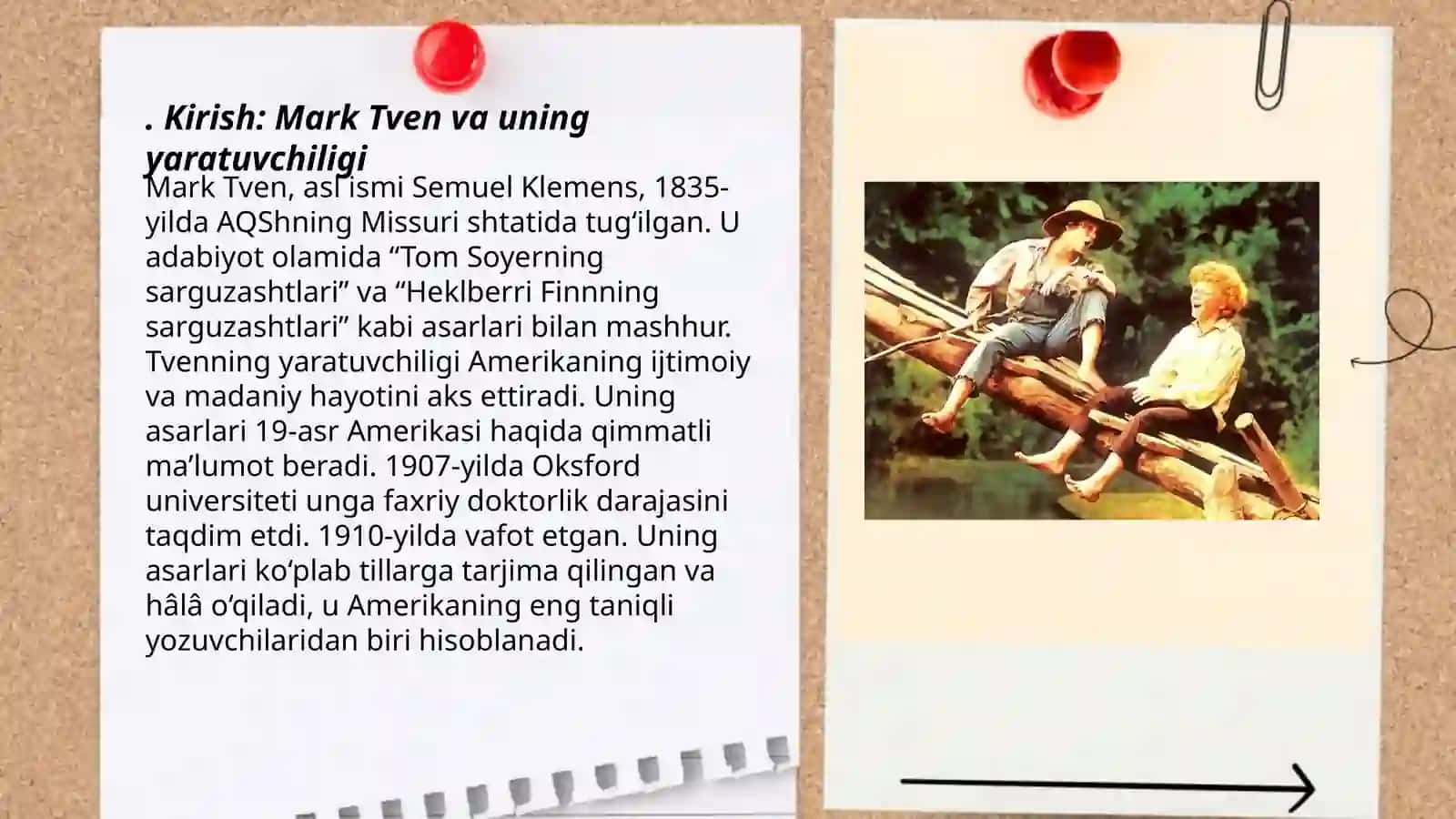 Mark Tvenning "Tom Soyerning sarguzashtlari"asari asosida 15 sahifadan iborat taqdimot tayyorlash 3