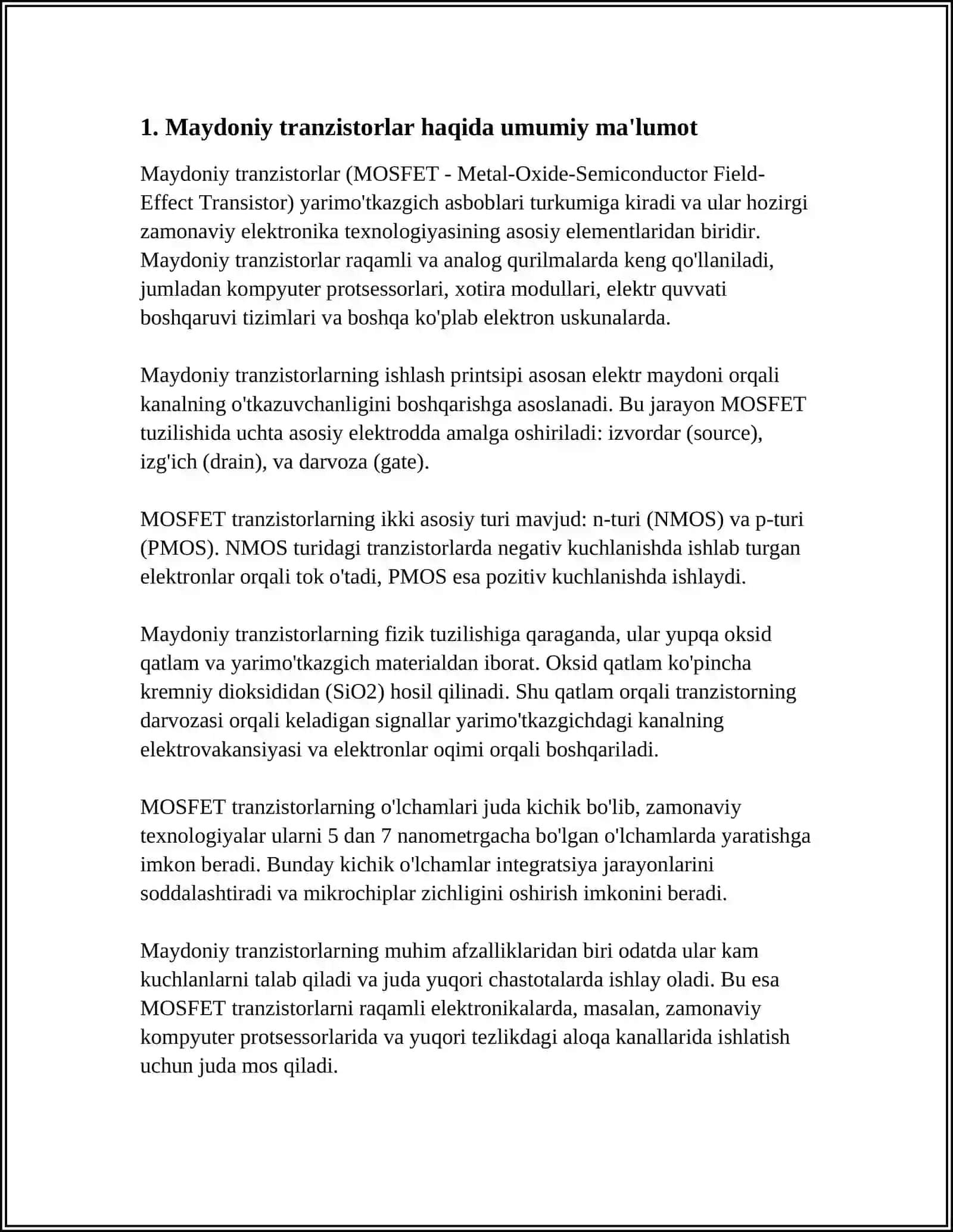 MUSTAQIL ISH Mavzu: MAYDONIY TRANZISTORLARDA YASALGAN KUCHAYTIRGICH KASKADLARINING SXEMALARI VA ISHLASH REJIMLARI 3