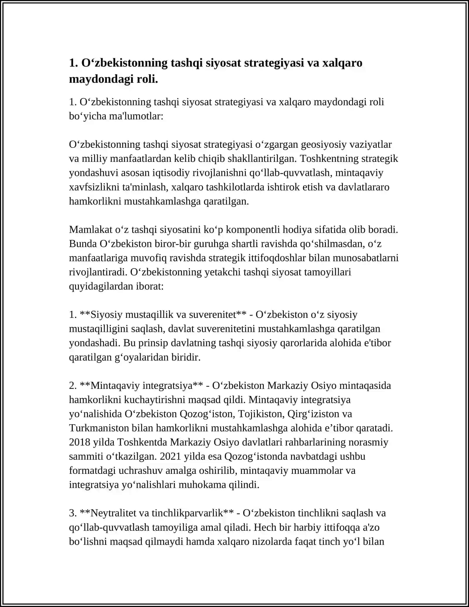 O‘ZBEKISTONNING XALQARO ALOQALARI VA JAHON HAMJAMIYATIDAGI O’RNI 3