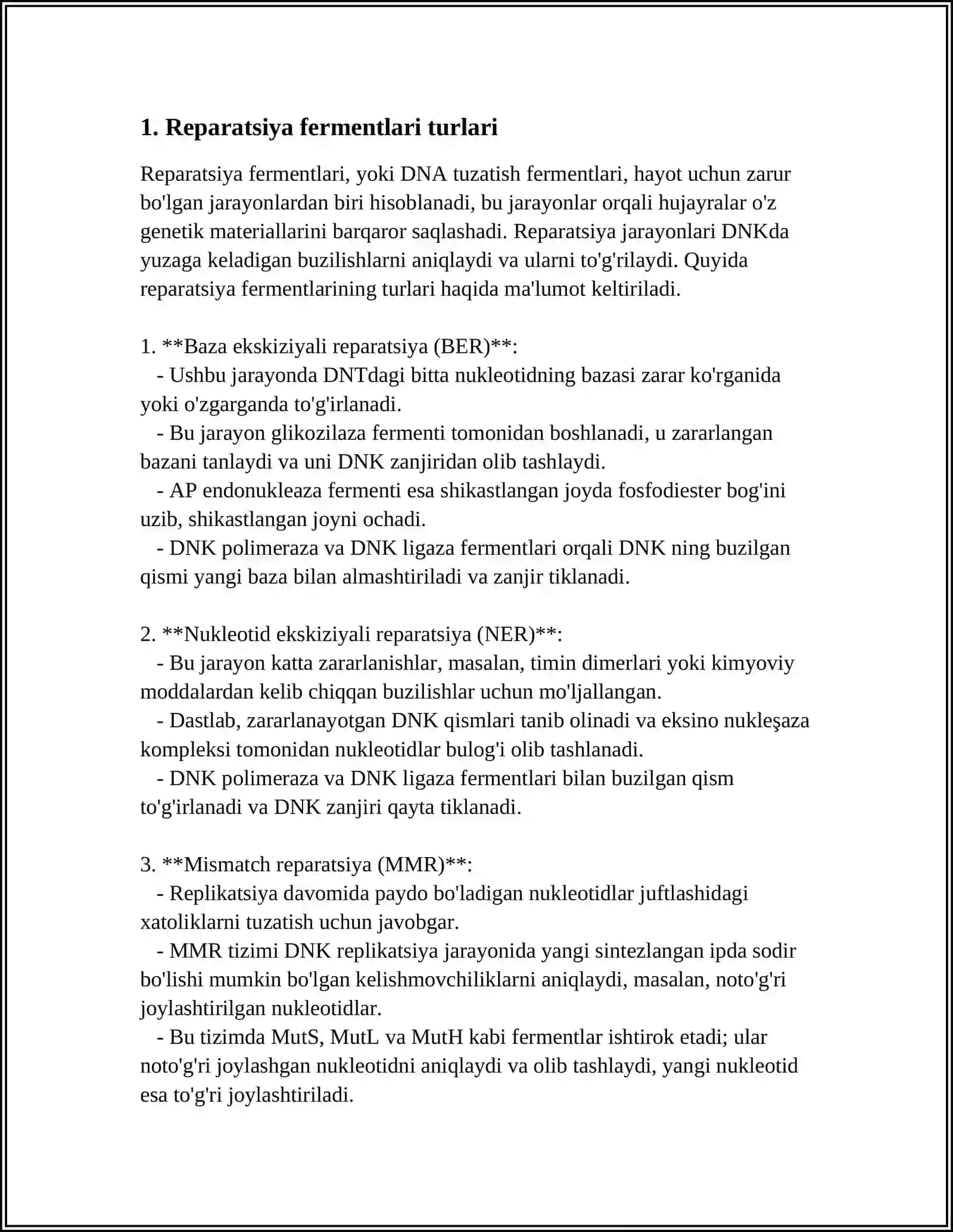 Reparatsiya Fermentlari Faoliyating Xilma-xilligi 3