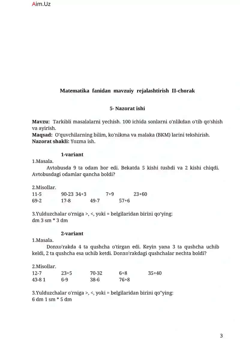 Matematika fanidan mavzuiy rejalashtirish I-chorak 3