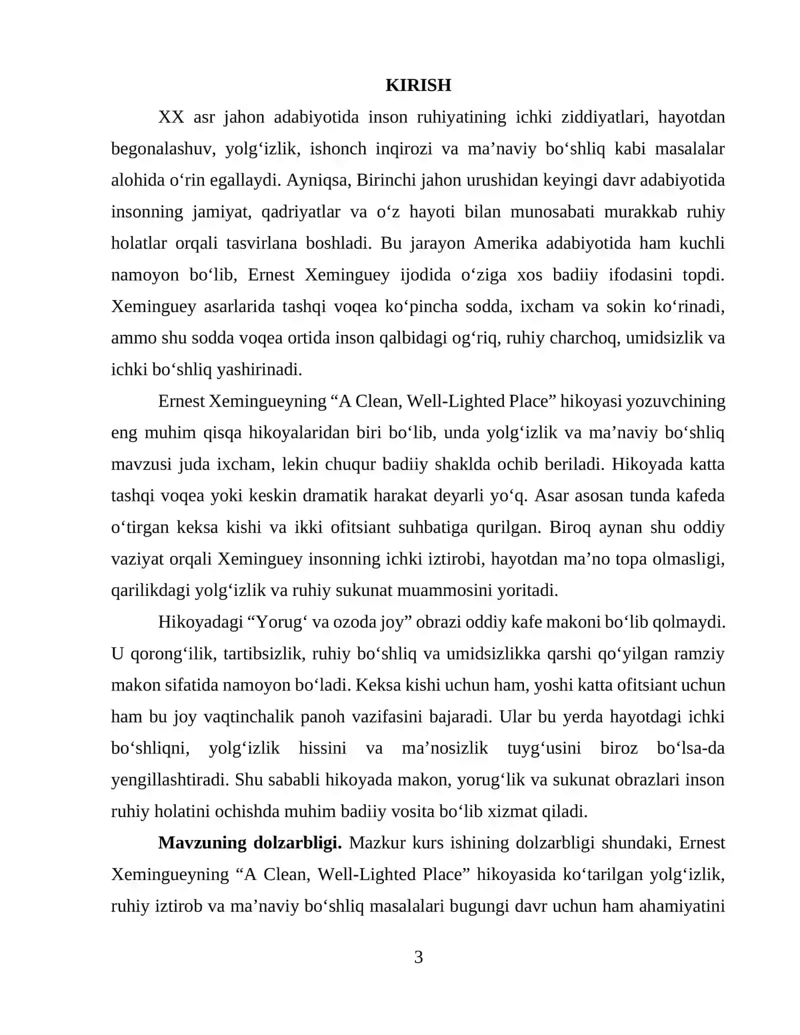 ERNEST XEMINGUEYNING “A CLEAN, WELL-LIGHTED PLACE” HIKOYASIDA YOLG‘IZLIK VA MA’NAVIY BO‘SHLIQ 3
