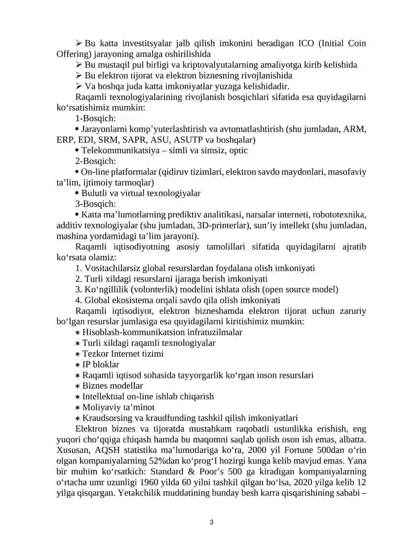 RAQAMLI IQTISODIYOT FANIGA KIRISH. RAQAMLI IQTISODIYOT VA UNING ASOSIY TARKIBIY QISMLARI 3