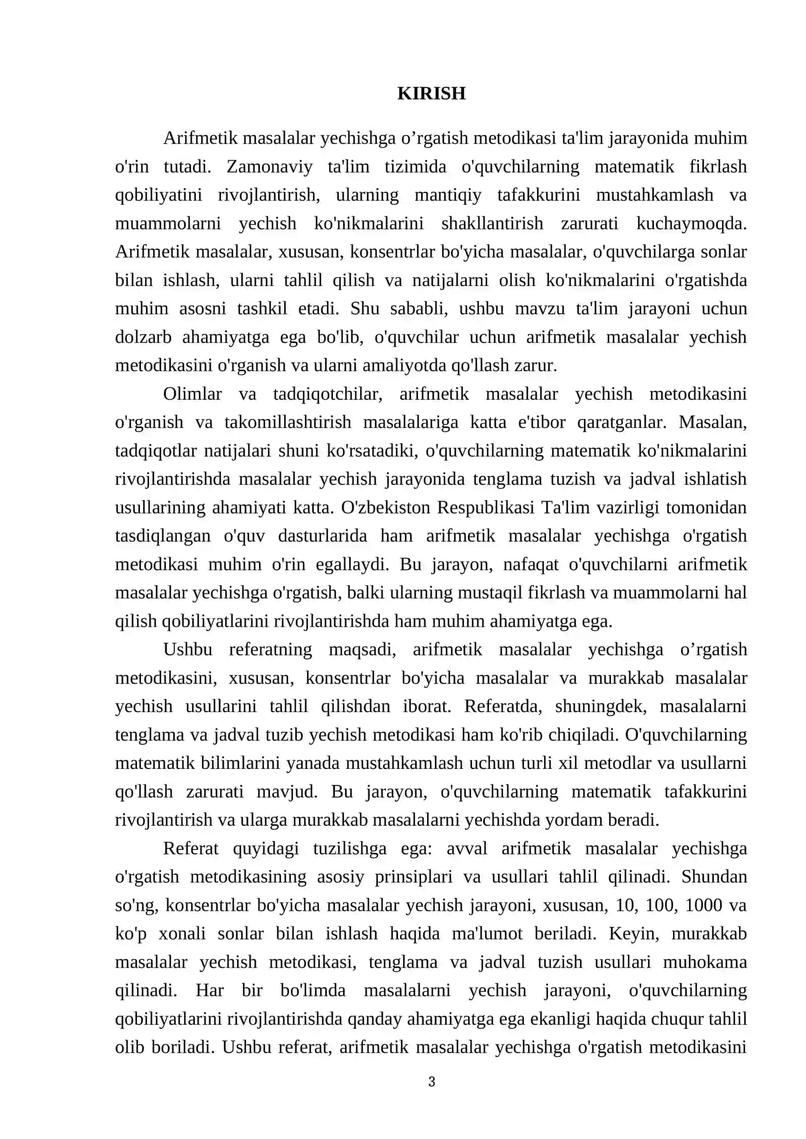 Arifmetik masalalar yechishga o’rgatish metodikasi. Konsentrlar (10, 100, 1000 va ko’p xonali sonlar) bo’yicha masalalar yechish ustida ishlash. Murakkab masalalar yechishga o’rgatish metodikasi Ma’lumotlar bilan ishlash. Masalalarni tenglama va jadval tuzib yechish 3