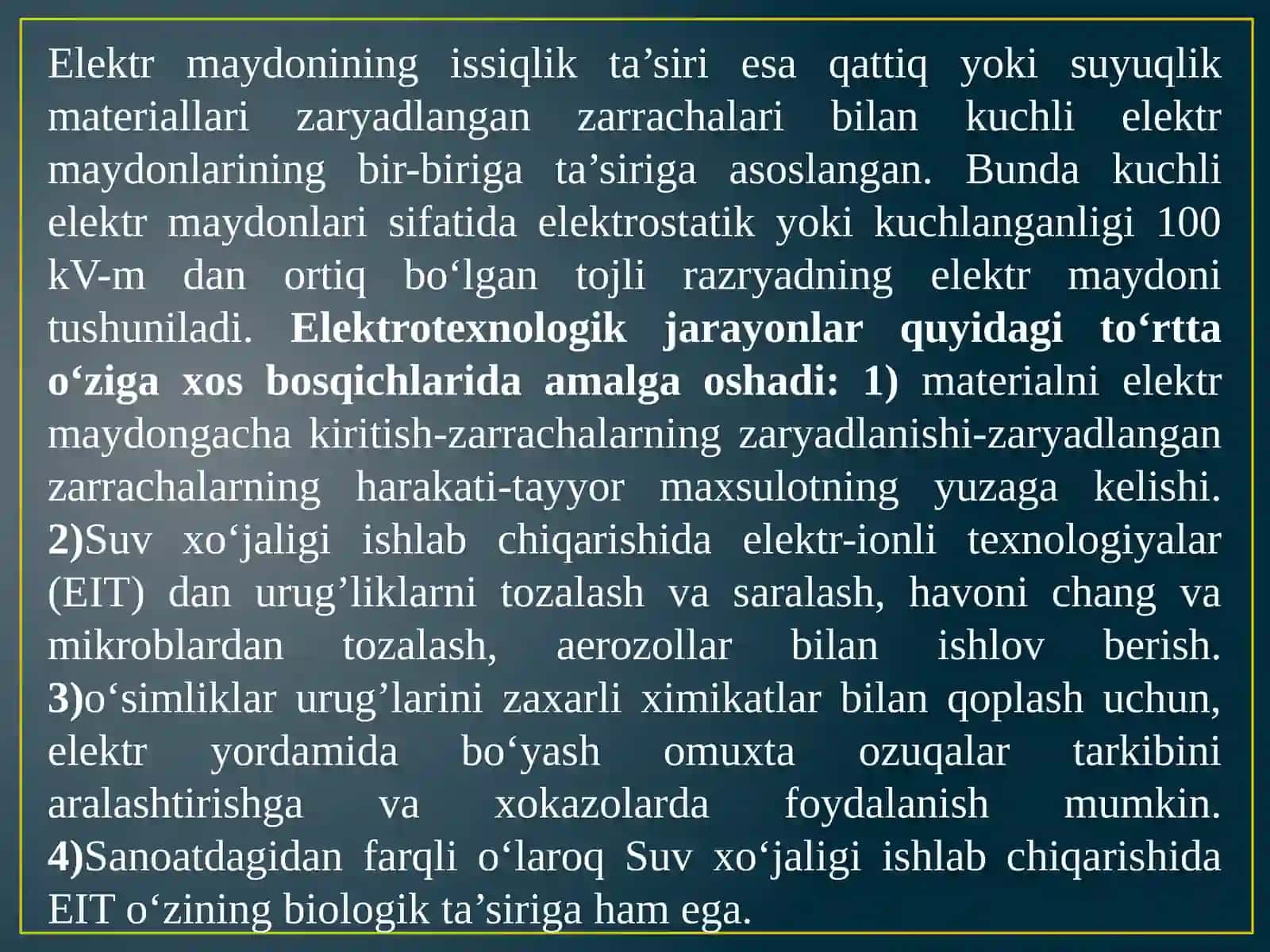 ELEKTRON-IONLI TEXNOLOGIK ASOSLARI VA QISHLOQ VA SUV XO‘JALIGIDA FOYDALANISH YO‘NALISHLARI. ULTRATOVUSH VA MAGNIT MAYDONIDAN BEVOSITA JARAYONLARDA FOYDALANISH 3