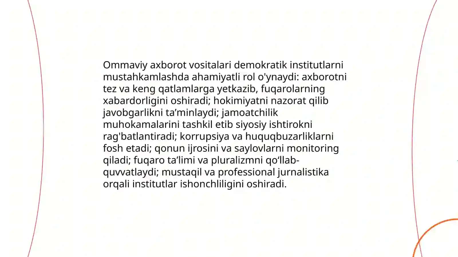 Oʻzbekistonning demokratik rivojlanishi va fuqarolarning jamiyat hayotidagi faolligini oshirishda ommaviy axborot vositalari va axborotning ahamiyati 3