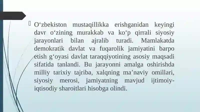 Oʻzbekistonda demokratik, fuqarolik jamiyati asoslarining shakllanishi, amalga oshirilgan siyosiy islohotlar 3