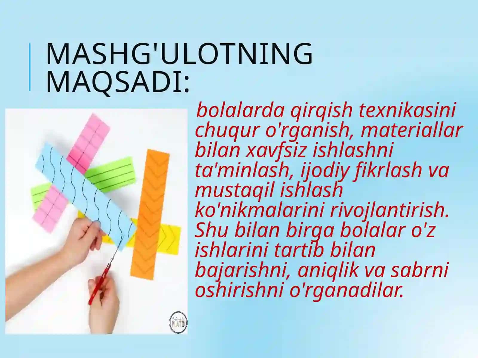Aplikatsiyada qirqishning har xil usullarini bajarish o‘rta guruhda 3