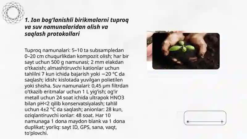Tuproq va suvning ifloslanishida ion bogʻlanishli birikmalarni aniqlab ulardan tozalash usulini ishlab chiqish 3