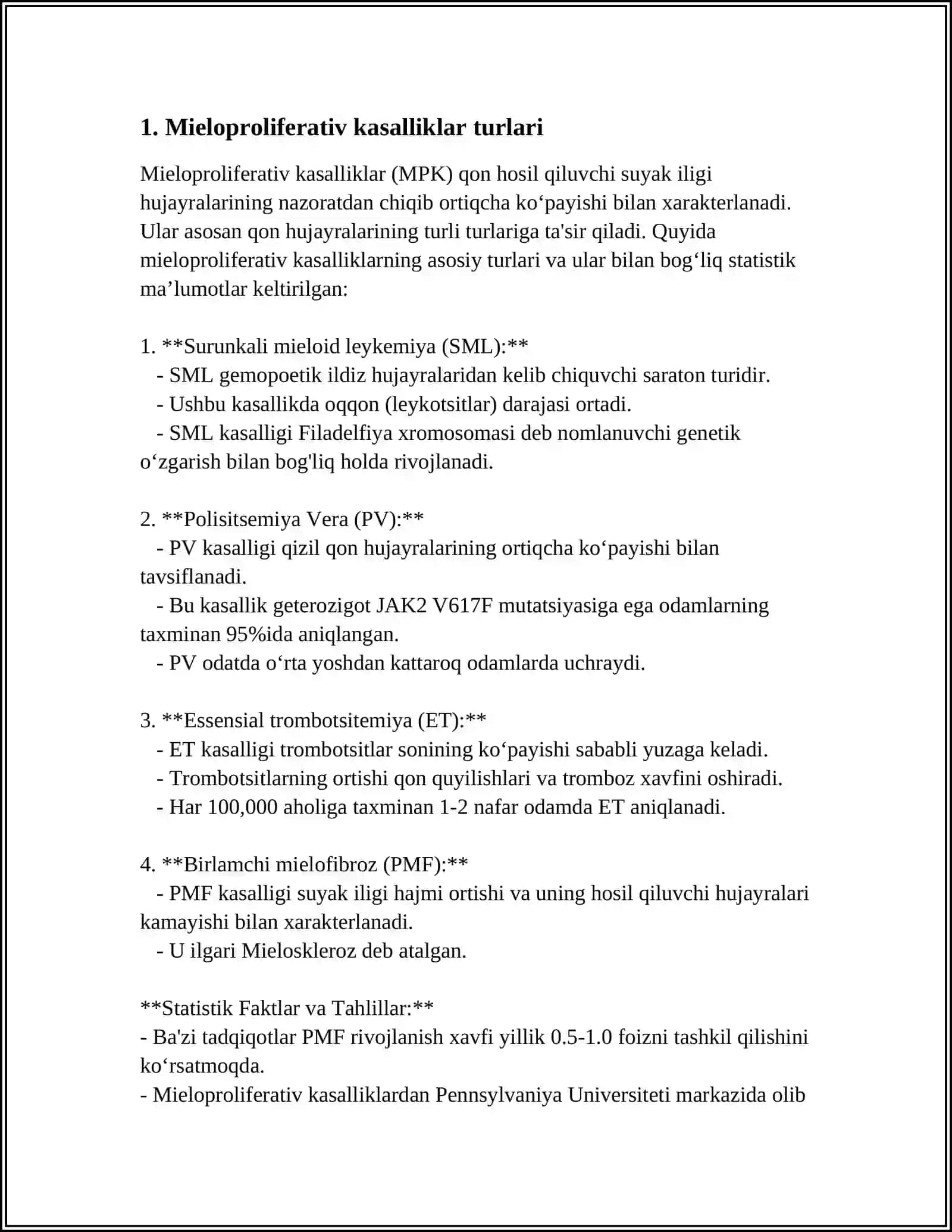 MUSTAQIL ISH Mavzu: MIELOPROLIFERATIV KASSALIKLAR 3