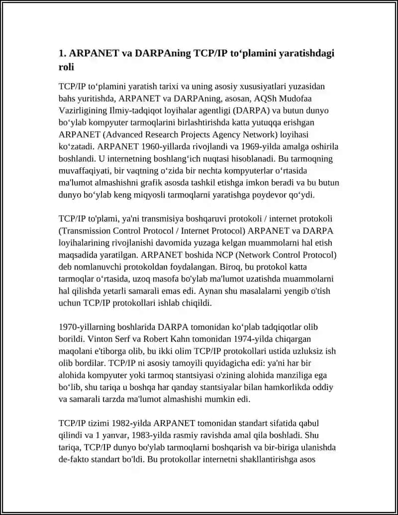 TCP/IP TOʻPLAMINING YARTILISH TARIXI VA ASOSIY XUSUSIYATLARI 3