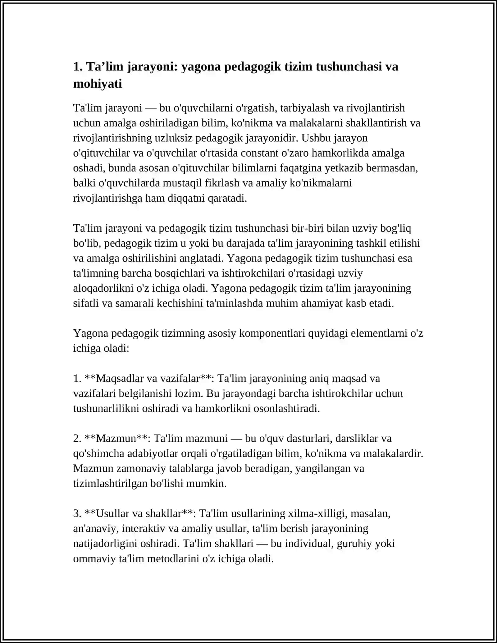 TAʼLIM JARAYONI YAGONA PEDAGOGIK TIZIM SIFATIDA. TAʼLIM TAMOYILLARI 3