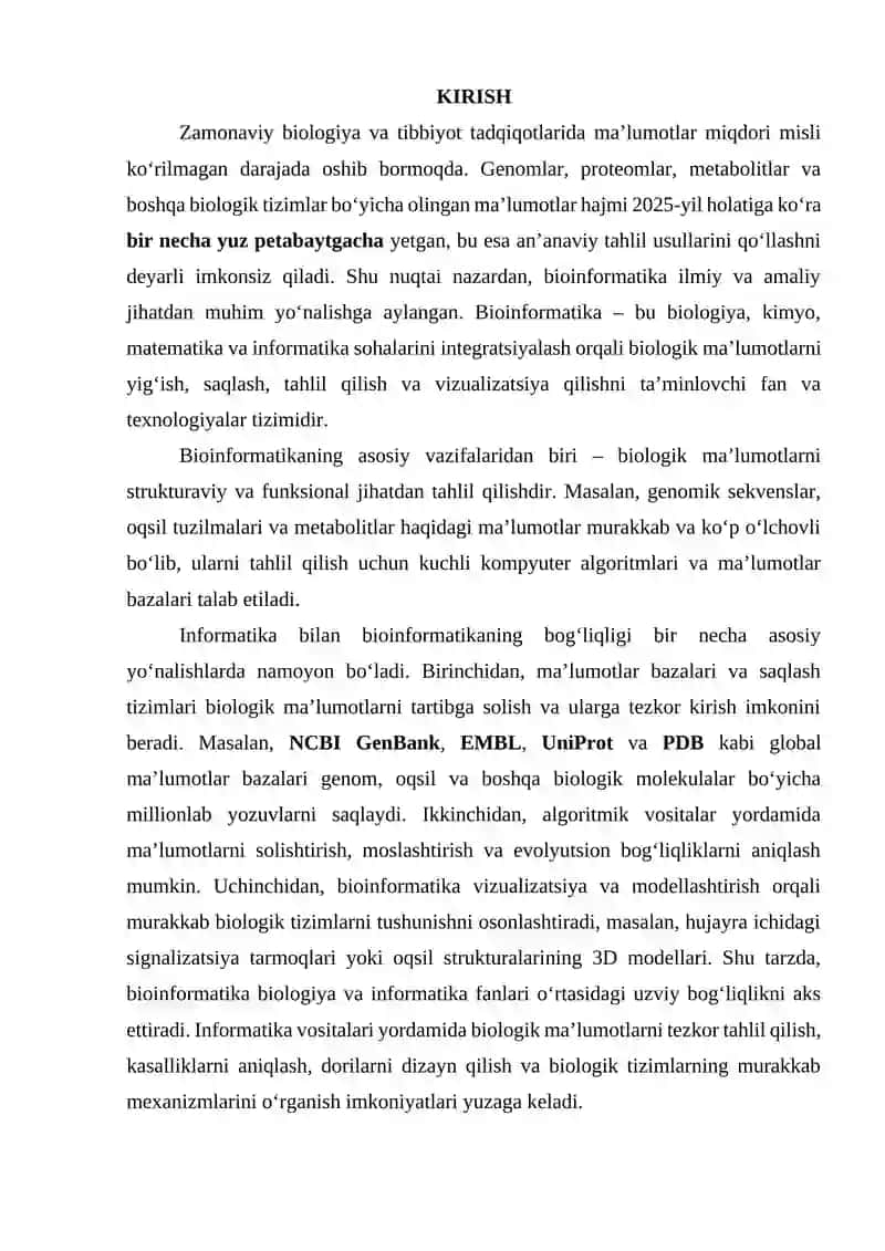 Biologik ma’lumotlarga kirish: bioinformatikaning informatika bilan bog‘liqligi 3