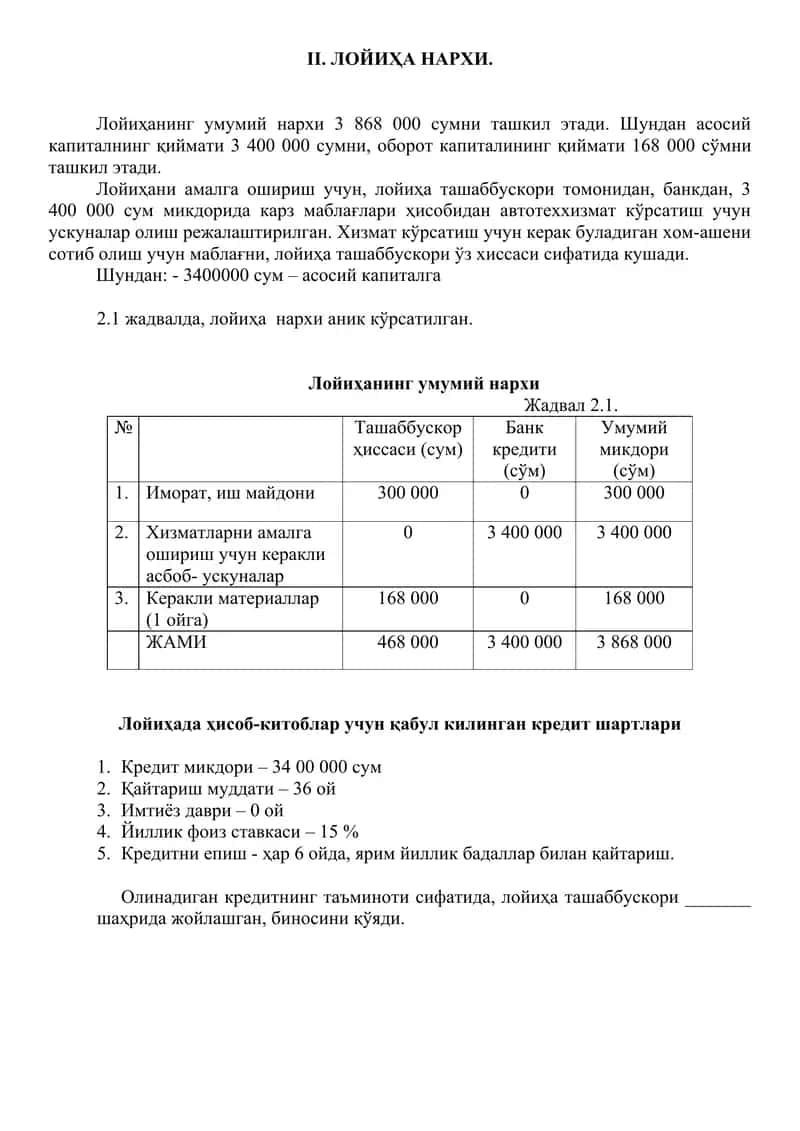 Касби туманида автомобилларни ювиш хизматини ташкил этиш тугрисida йонғини мойиллаштиришни асослаш ресмий лойиҳа 3