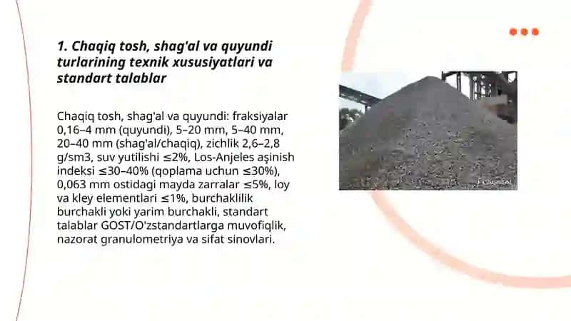 Chaqiq tosh, shag'al, quyundilardan asos va qoplamalar va tosh yotqizilgan yo'l qurishda sifatni boshqarish 3