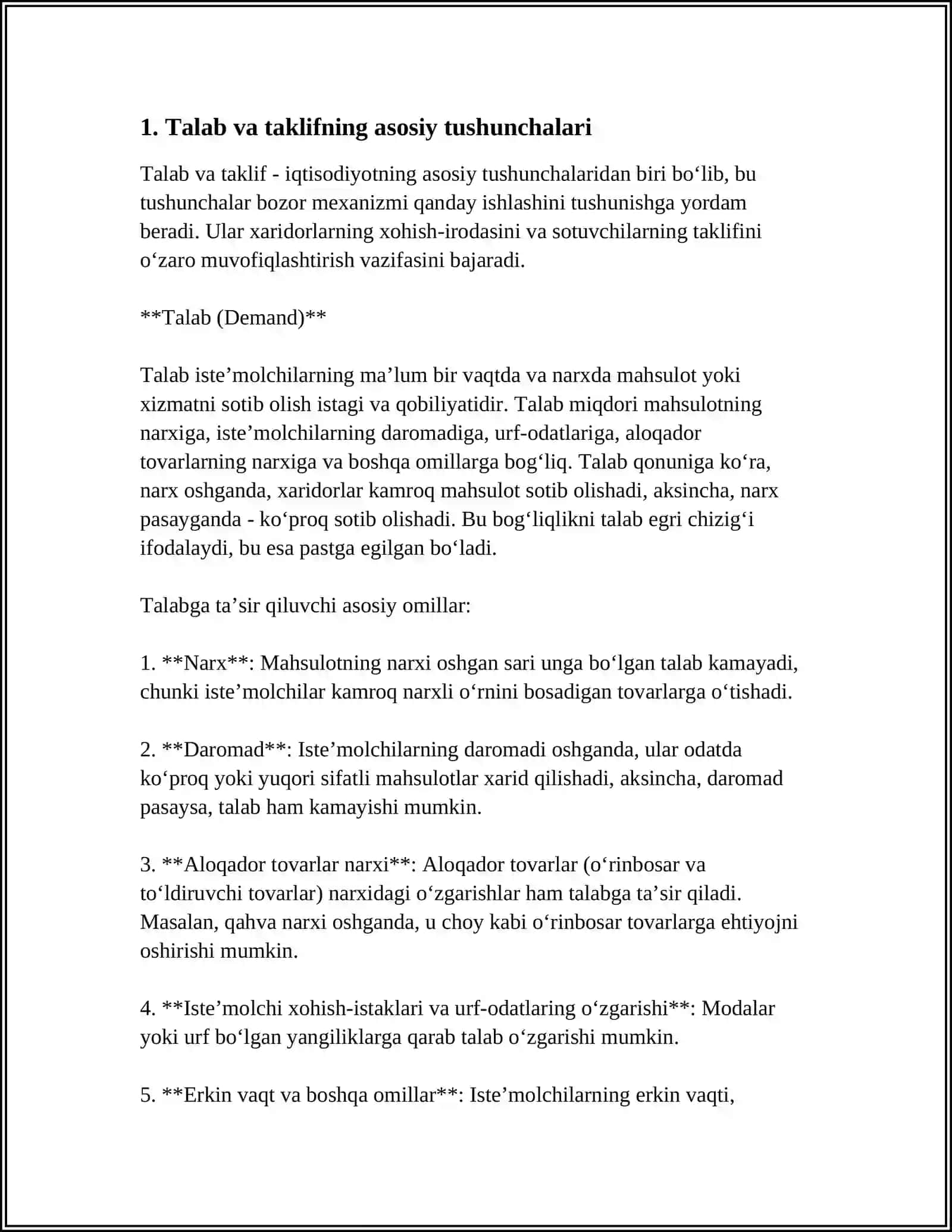 Talab va taklif nazariyasi. Bozor muvozanati 3