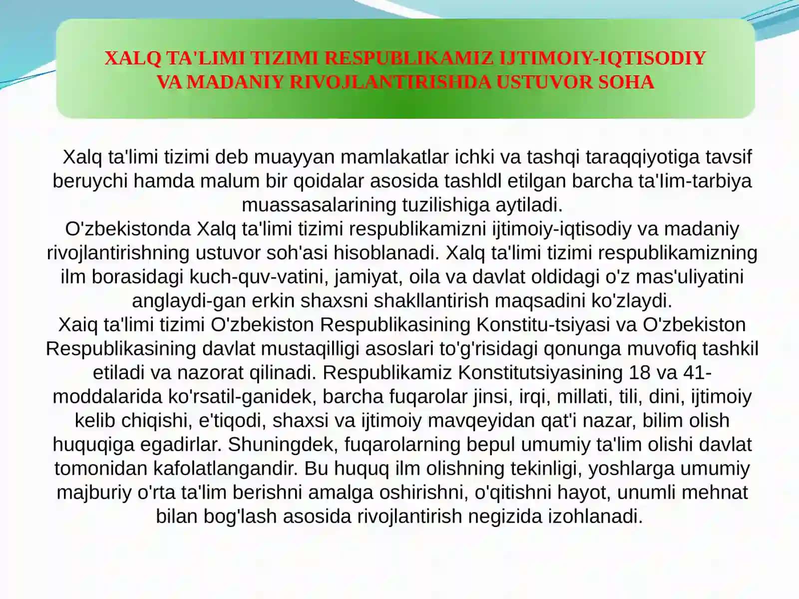 XALQ TA'LIMI TIZIMI RESPUBLIKAMIZ IJTIMOIY-IQTISODIY VA MADANIY RIVOJLANTIRISHDA USTUVOR SOHA 3