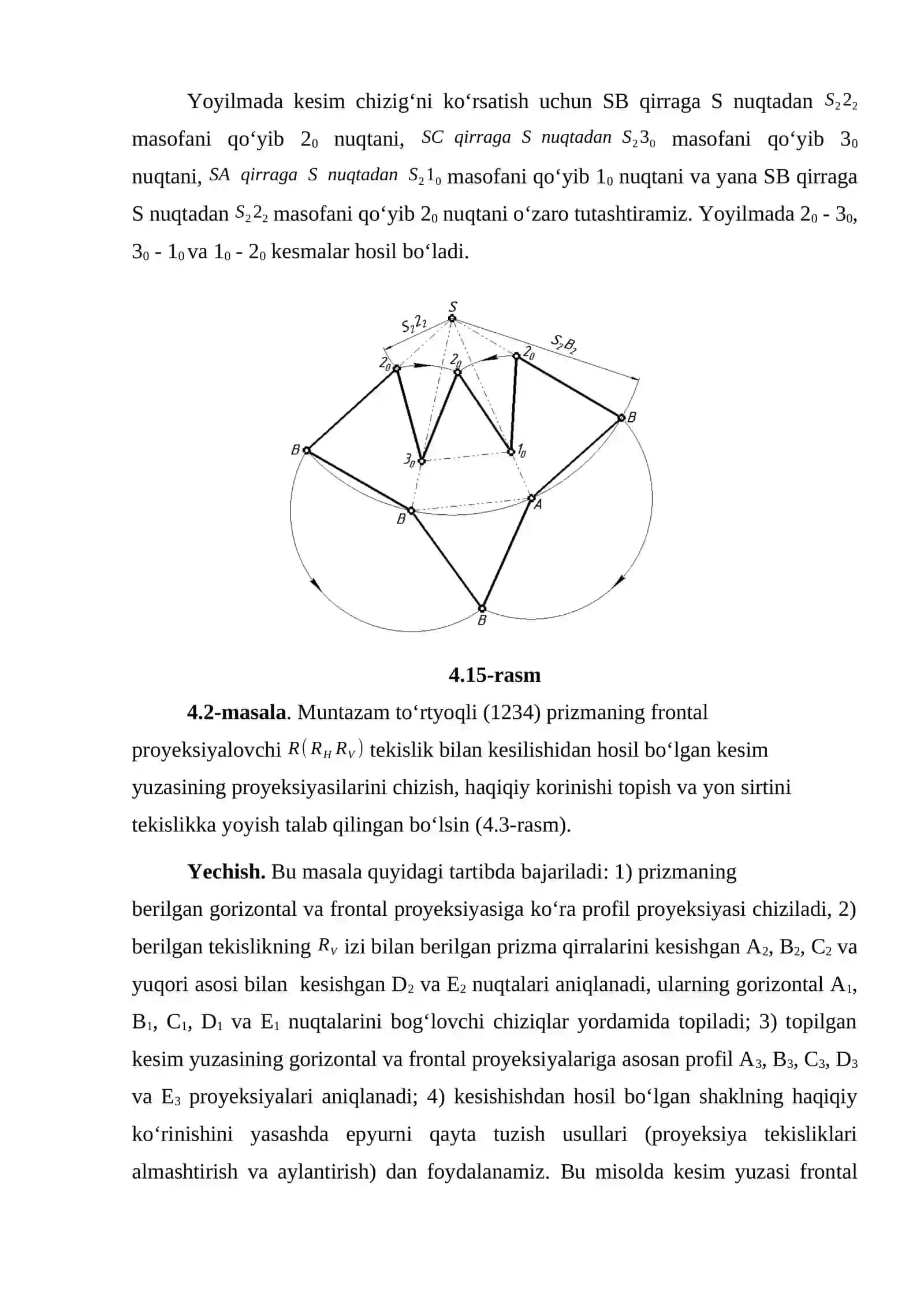 Asosi H tekislikka tegishli muntazam uchyoqli ABC piramida 3