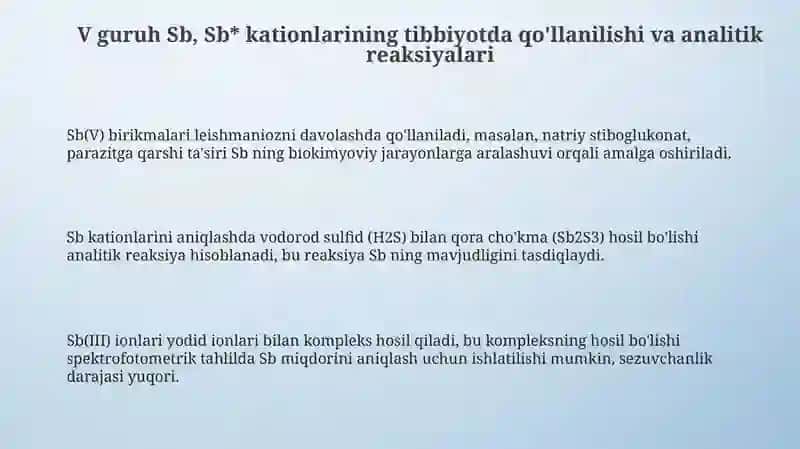 V guruh Sb, Sb* kationlarining tibbiyotda qo'llanilishi va analitik reaksiyalari 3
