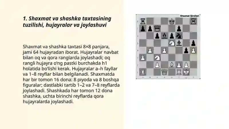 Shaxmat va shashka taxtasi donalari va oʻyin qoidalari bilan tanishish mavzusida 3
