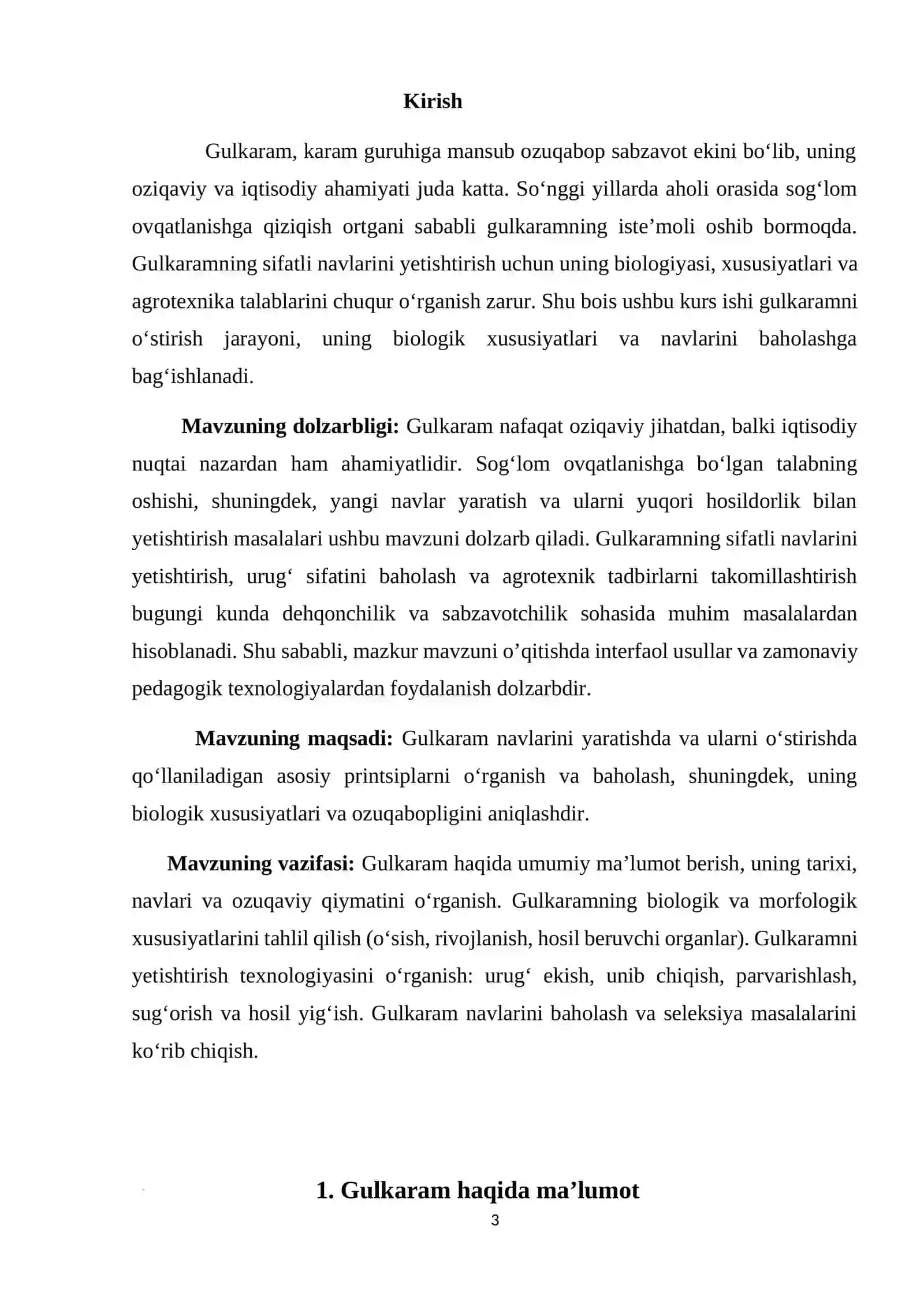 Gulkaramni ozuqabop navlarini yaratish maqsadida uning unib chiqishini o’rganish va baholash mavzusida MUKAMMAL KURS ISHI ( 80 BETLIK ) 3