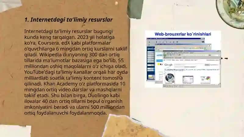 Internetdagi ta'limiy dasturlar,elektron o'quv qo'llanmalar,multimedialar,virtual stendlar haqida ma'lumot. 3