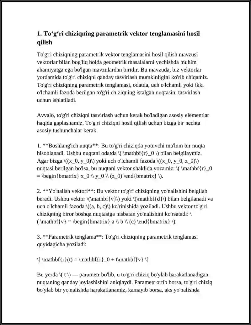TOGRI CHIZIQ VA TEKSLIKLARGA OID MISOLLARNI VEKTORLAR ORQALI YECHISH 3