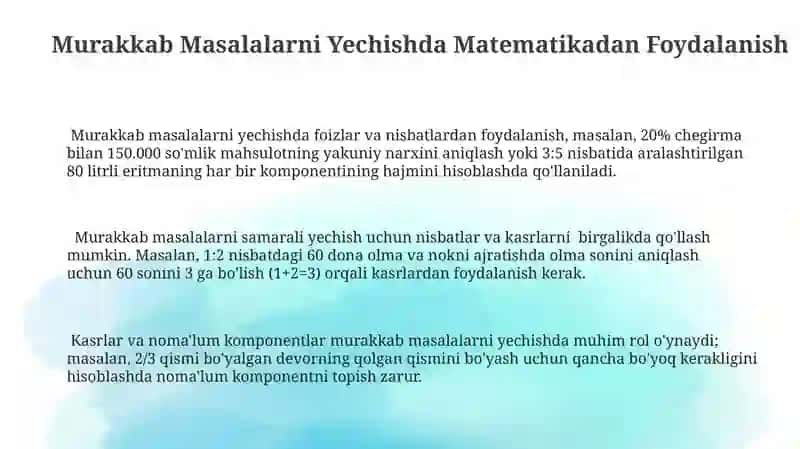 Matematikaning amaliy tatbiqlari kasrlar foizlar nisbatlar nomaʼlum komponenti 3
