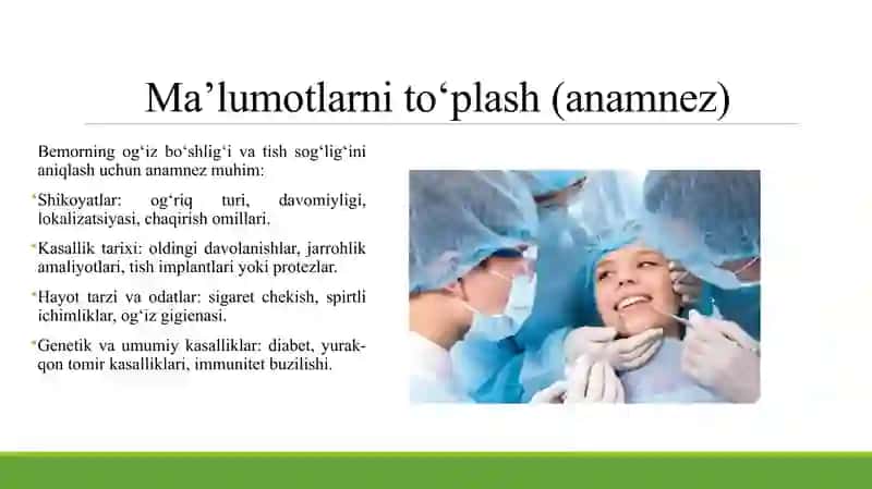 TADQIQOTNING ASOSIY USULLARI. MA’LUMOTLARNI TO‘PLASH (ANAMNEZ). BEMORNI TASHQI TEKSHIRUVI. MUSHAKLAR, LIMFA TUGUNLARI VA SULAK BEZLARINI PAYPASLASH. OG‘IZ BUSHLIG’INI TEKSHIRISH. TISH VA TISHLAR QATORINI TEKSHIRISH XUSUSIYATLARI. PATOLOGIK TISH CHO‘NTAGINING CHUQURLIGINI ANIQLASH. PATOLOGIK TISH QIMIRLASHI, UNING DARAJALARI. PERKUSSIYA TURLARI. TISH QIMIRLASHI VA IMPLANTAT BARQARORLIGINI ANIQLASH USULLARI 3