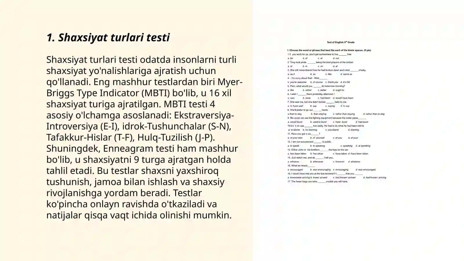 Shaxsiy husisiyatlarni aniqlash uchun testlar 3