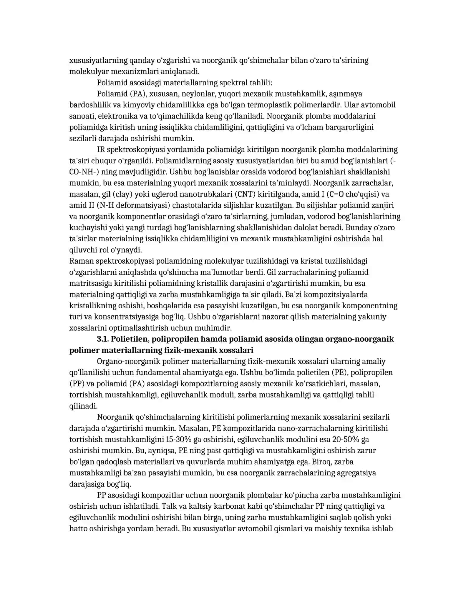 Ushbu bobda polietilen, polipropilen va poliamid asosida olingan organo-noorganik polimer materiallarning spektral ta'lili va fizik-kimyoviy tadqiqotlari 3