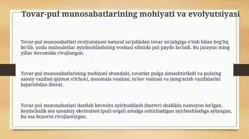 Tovar-pul munosabatlarining evolyutsiyasi 3