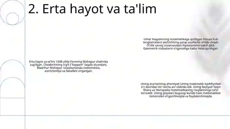 Umar Hayyomning Matematikaga Oid Asarlari Va Ularning Ahamiyati Mavzusida Rahmatullayeva O'G'Iloyning Tayyorlagan Taqdimoti 3