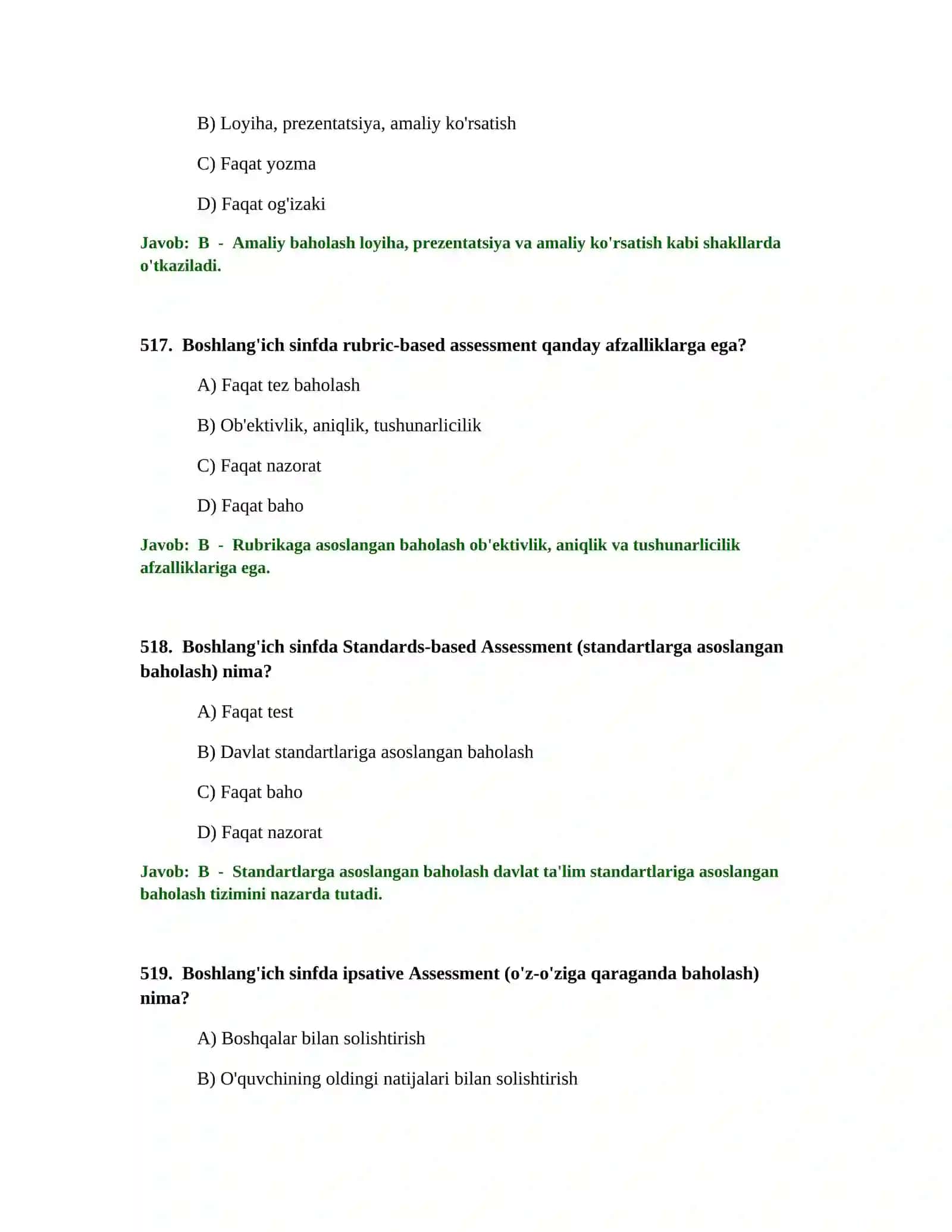 BOSHLANG'ICH TA'LIM O'QITUVCHISI TEST SINOVLARI 3