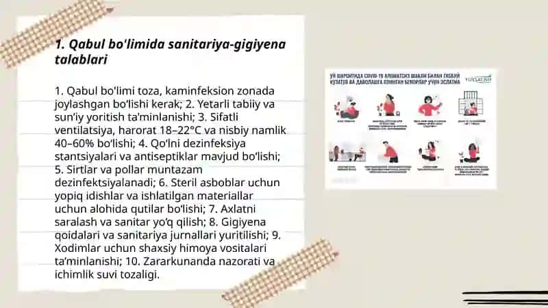 Qabul bo'limida sanitar-epidemiologik rejimi Tibbiy muassasa terapevtik bo'limi 3