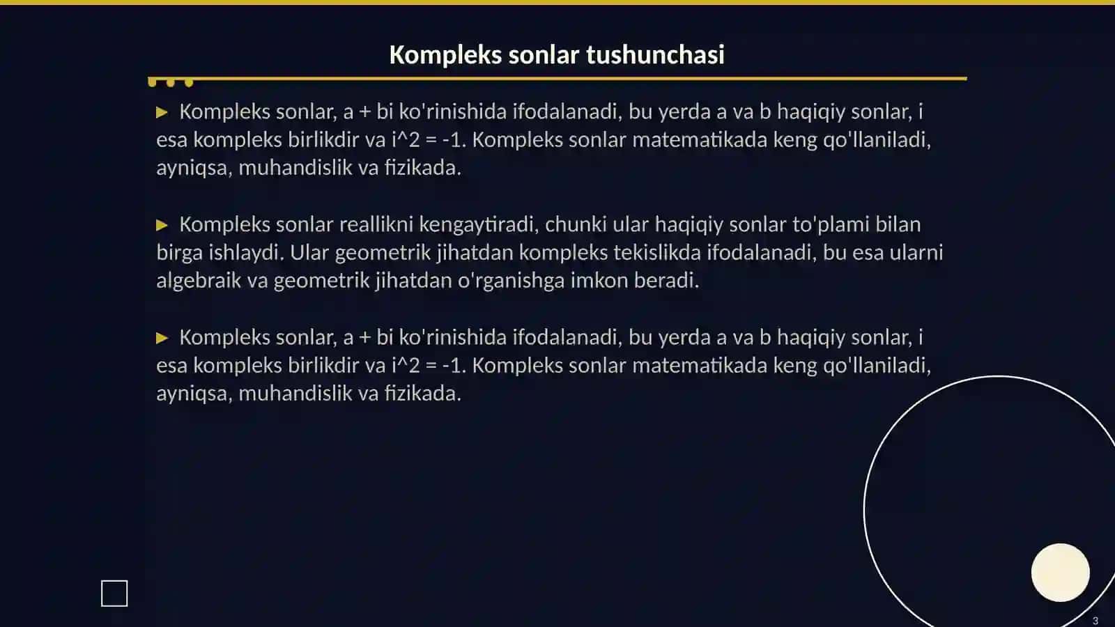 Matematika kompleks sonlarni ko'paytirish va bo'lish GA doir taqdimot tayyorlash 3