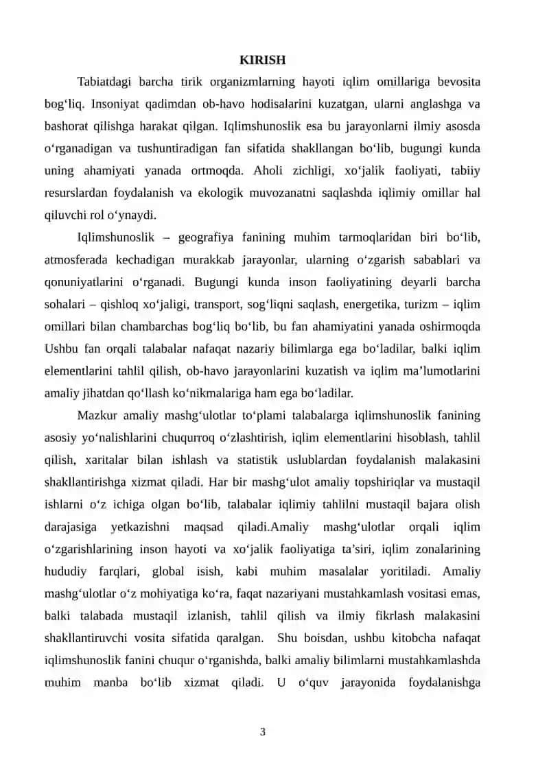 “IQLIMSHUNOSLIK VA GIDROLOGIYA” FANIDAN AMALIY MASHG‘ULOTLAR 3