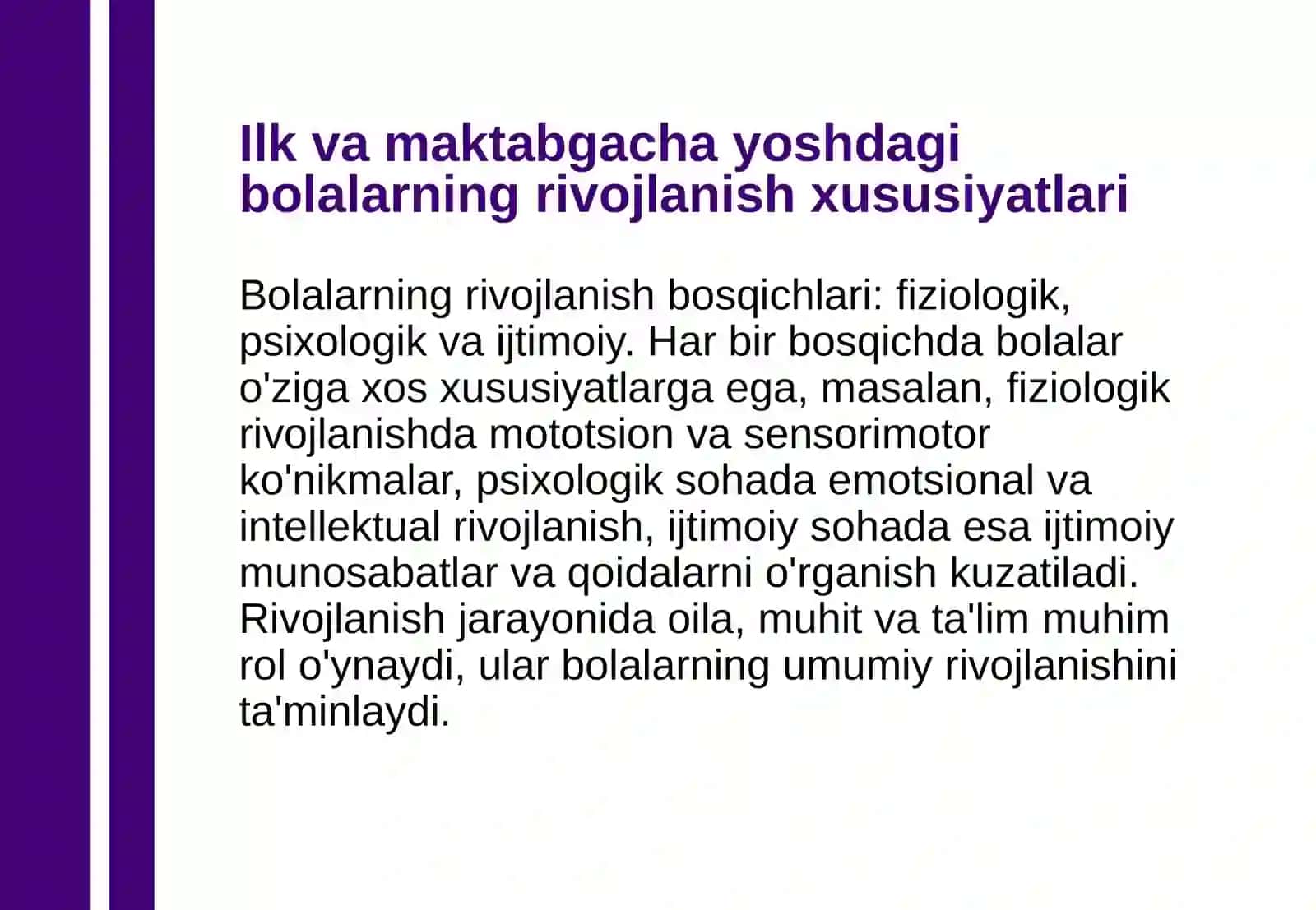 Maktabgacha ta'lim tashkilotida   "Ilk va maktabgacha yoshdagi bolalarning rivojlanishiga qo'yiladigan davlat talablariga"  asosida bolani maktabga tayyorlash. 3