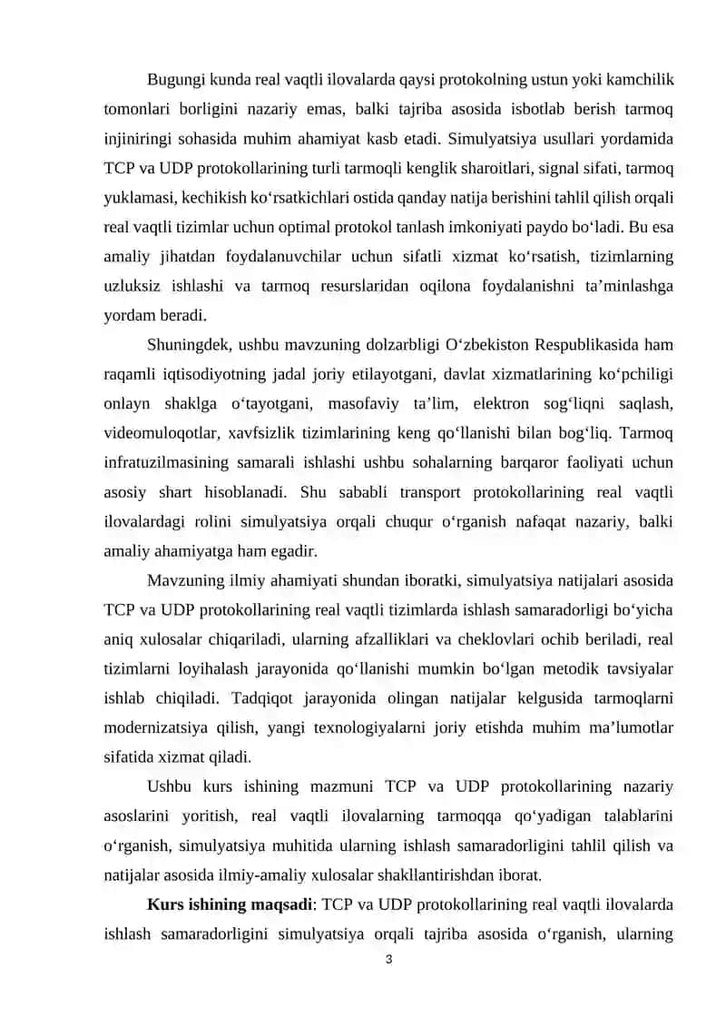TCP va UDP protokollarining real vaqtli ilovalarda ishlash samaradorligini simulyatsiya orqali o‘rganish. 3