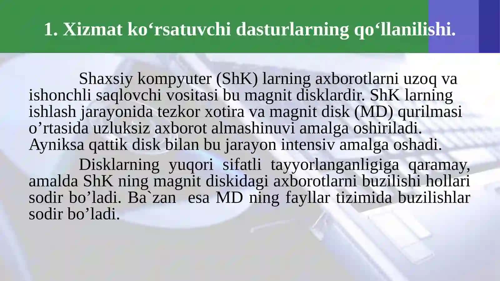 Disklarga xizmat ko’rsatuvchi dasturlar: shikastlangan fayllar va disklarni tiklash, disklarni fragmentasiyasini bekor qilish, ularning ishini tezlashtirish 3