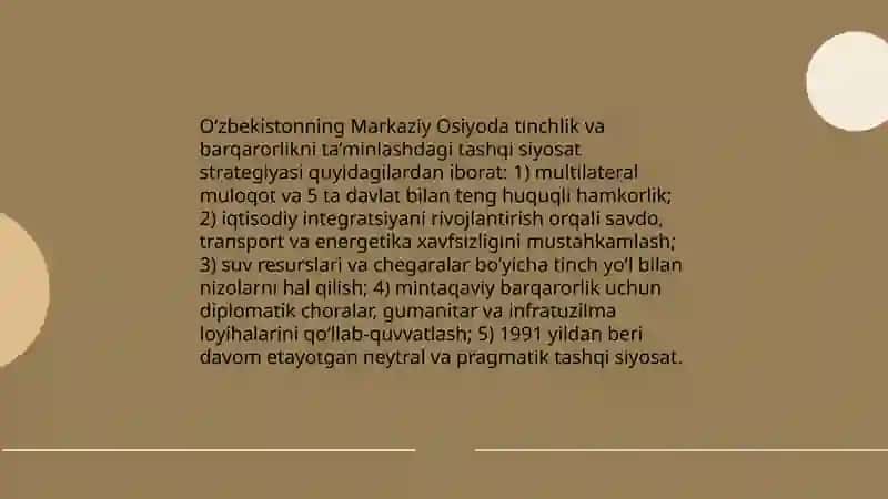 O‘zbekistonning Markaziy Osiyoda tinchlik va barqarorlikni ta’minlashdagi o‘rni 3
