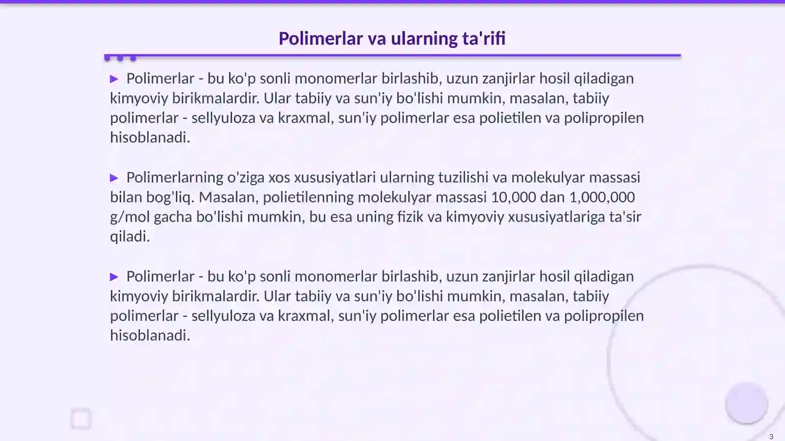 Polimerlar kimyosi fani.Polimerlar va ularning òziga xos xususiyatlari 3